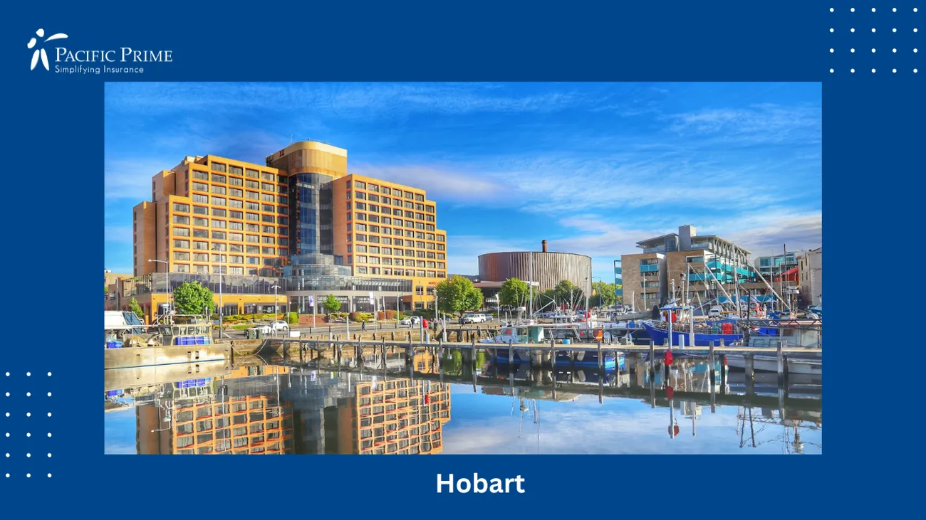 Image of Buildings Reflecting On The Water At Hobart Docks, Tasmania, Australia with text overlay of "Hobart"