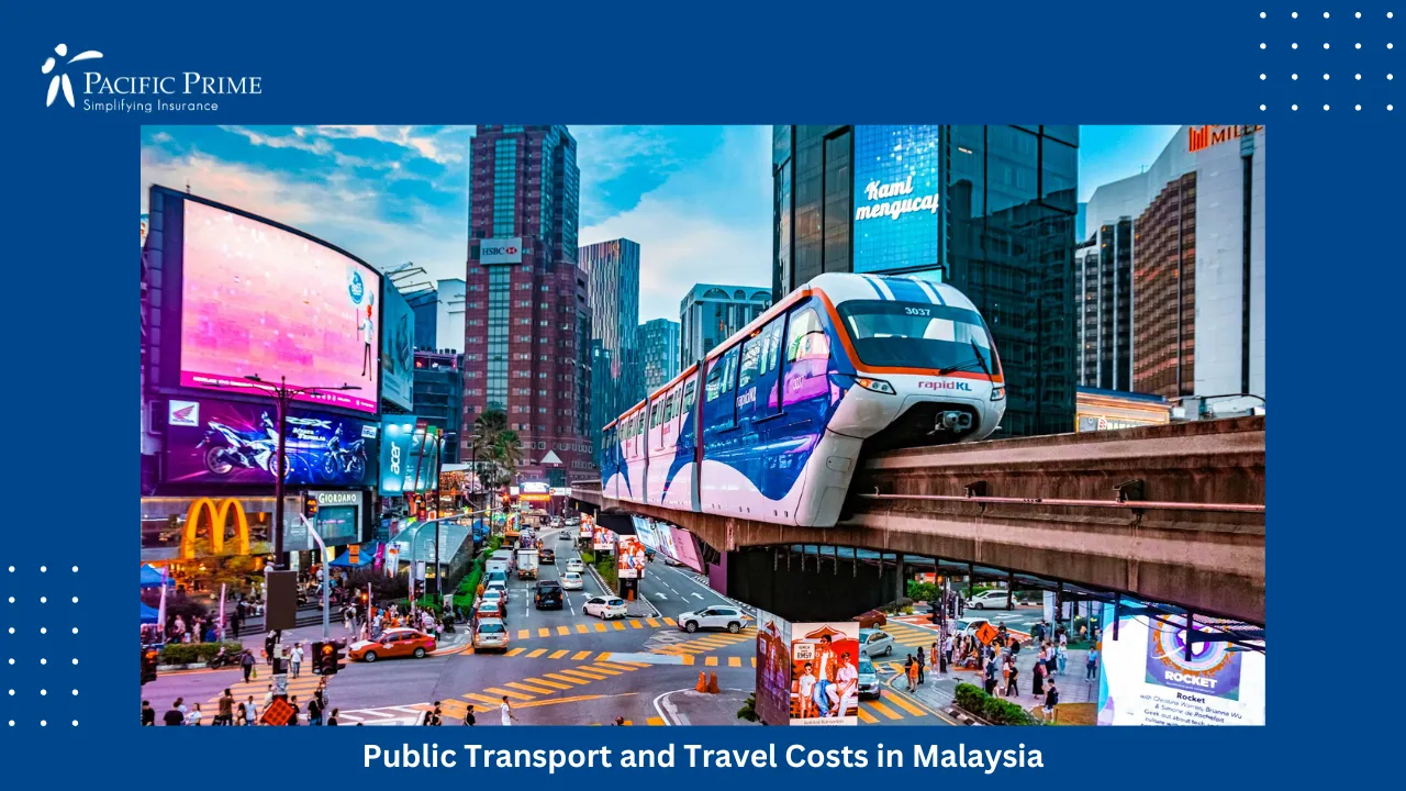 Image of Bukit Bintang Street In Kuala Lumpur With Busy Traffic And High-rise Buildings with text overlay of "Public Transport and Travel Costs in Malaysia"
