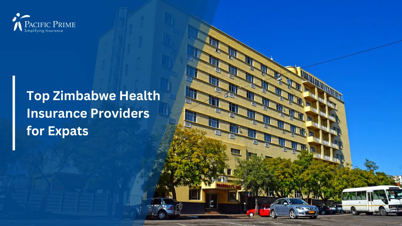 Image of Bulawayo Rainbow Hotel Exterior View In Zimbabwe with text overlay of "Top Zimbabwe Health Insurance Providers for Expats"