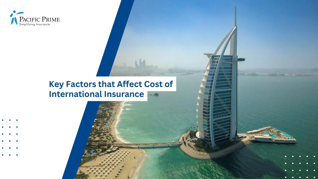 Image of Burj Al Arab Luxury Hotel With Clear Blue Sky In Dubai with text overlay of "Key Factors that Affect Cost of International Insurance"