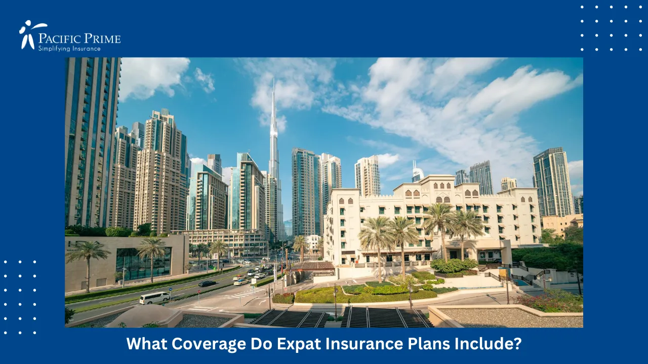 Image of Burj Khalifa And Dubai Skyline On A Bright Sunny Day with text overlay of "What Coverage Do Expat Insurance Plans Include?"