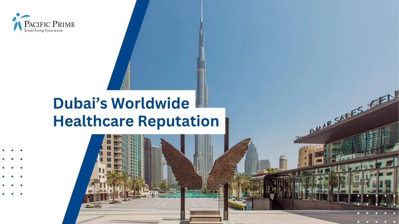Image of Burj Khalifa And Sculpture In Downtown Dubai Cityscape with text overlay of "Dubai’s Worldwide Healthcare Reputation"