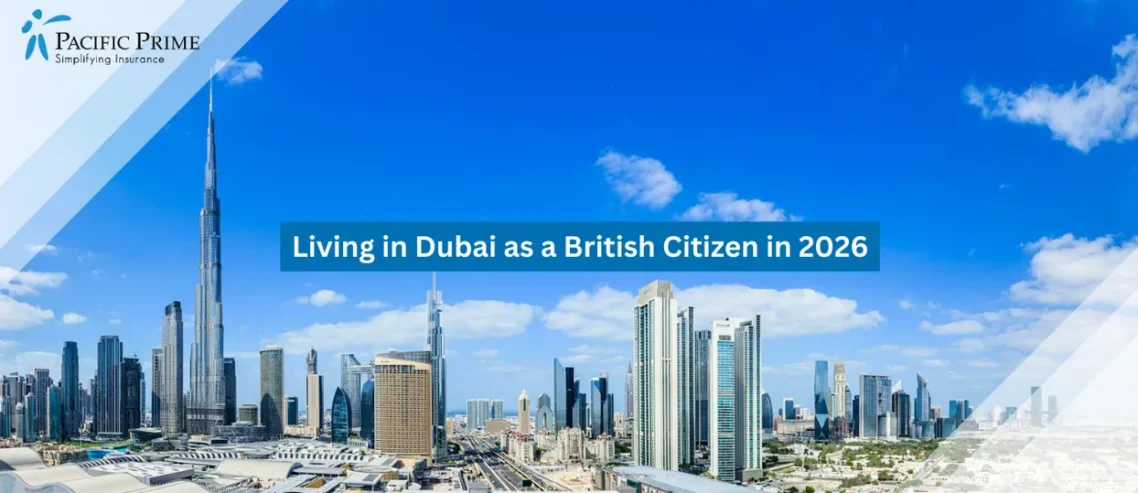 Image of Burj Khalifa Towering Above Modern Dubai Skyline With Glass Skyscrapers And Cityscape with text overlay of "Living in Dubai as a British Citizen in 2026"