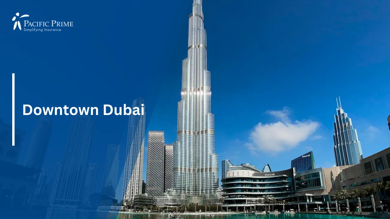 Image of Burj Khalifa Towering Over Downtown Dubai's Vibrant Skyline with text overlay of "Downtown Dubai"