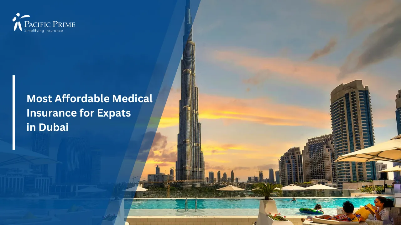 Image of Burj Khalifa Towering Over The City Skyline In Dubai with text overlay of "Most Affordable Medical Insurance for Expats in Dubai"
