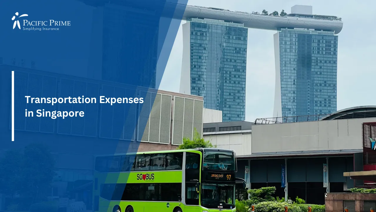 Image of Bus Passing Through A Street With Marina Bay Sands In The Background with text overlay of "Transportation Expenses in Singapore"