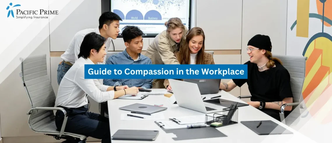 Image of Business Professionals Discussing Ideas During A Team Meeting In A Modern Office with text overlay of "Guide to Compassion in the Workplace"