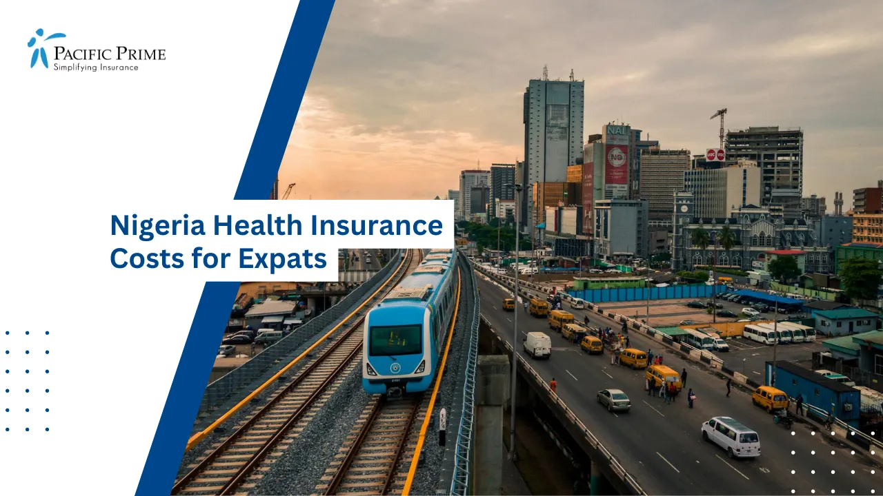 Image of Bustling Lagos Cityscape With Train In Motion with text overlay of "Nigeria Health Insurance Costs for Expats"