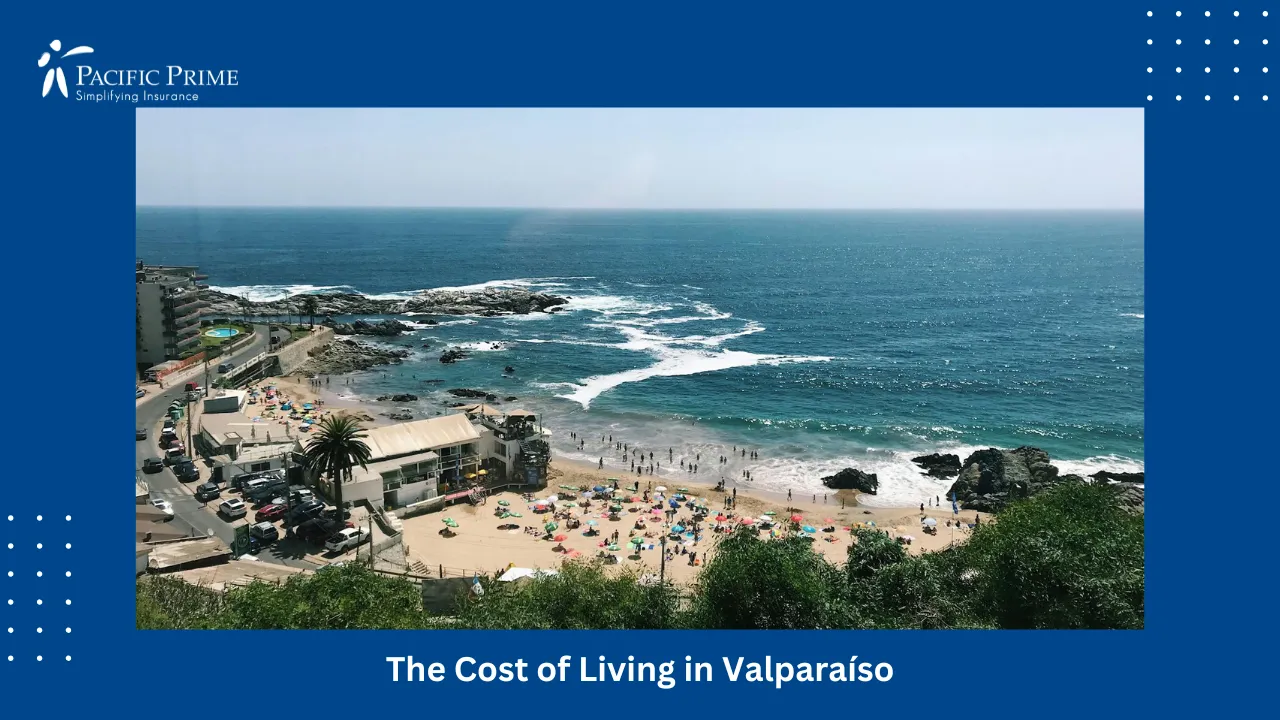 Image of Busy Beach And Vibrant Coastline In Viña Del Mar, Chile with text overlay of "The Cost of Living in Valparaíso"