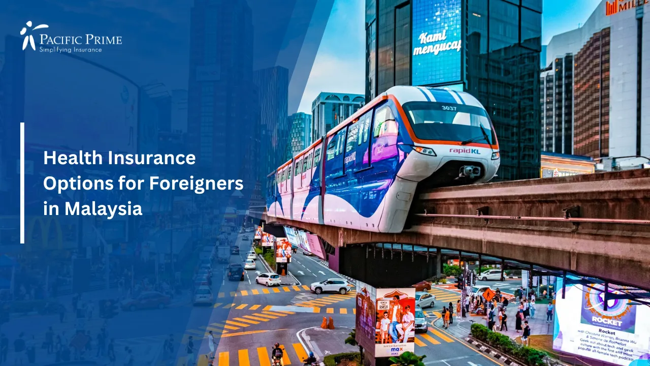 Image of Busy Bukit Bintang Street With Traffic And High-rise Buildings In Kuala Lumpur with text overlay of "Health Insurance Options for Foreigners in Malaysia"