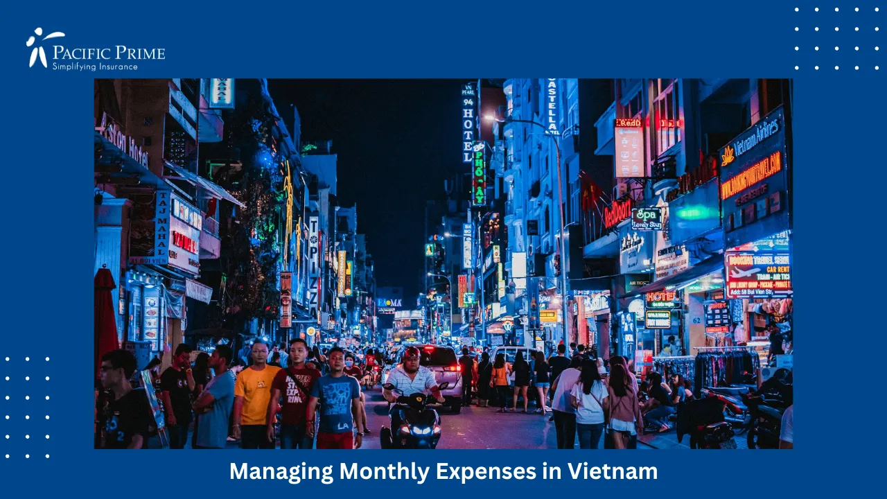 Image of Busy City Street Crowded With People In Ho Chi Minh City, Vietnam with text overlay of "Managing Monthly Expenses in Vietnam"