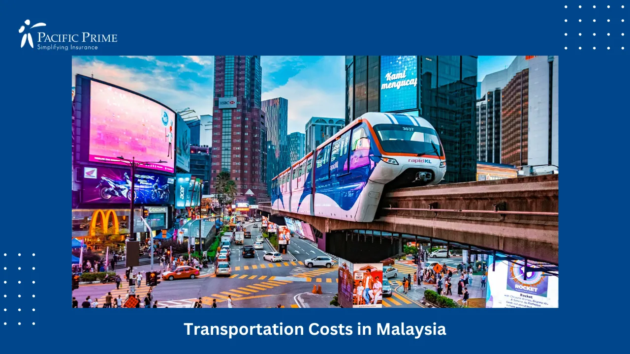 Image of Busy City Street With Traffic And High-rise Buildings In Bukit Bintang, KL with text overlay of "Transportation Costs in Malaysia"