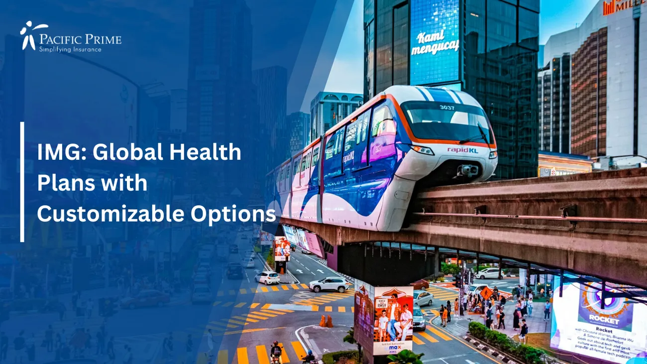 Image of Busy City Street With Traffic And Tall Buildings In Bukit Bintang, Kuala Lumpur with text overlay of "IMG: Global Health Plans with Customizable Options for Expats"