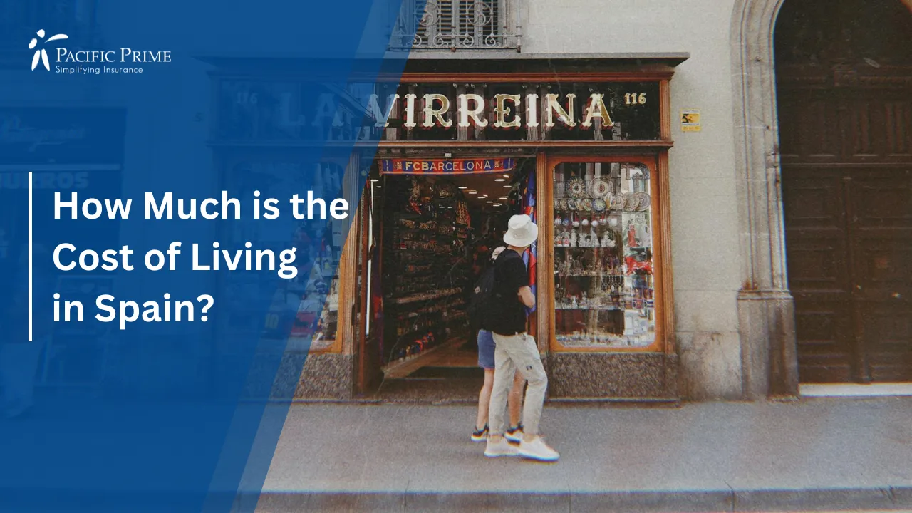 Image of Busy Street Scene Near La Virreina Store With Unique Architecture, Barcelona with text overlay of "How Much is the Cost of Living in Spain?"