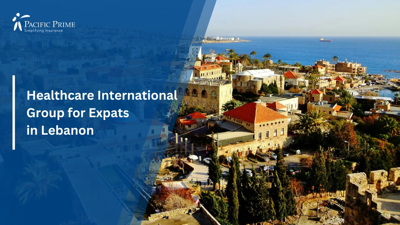 Image of Byblos Skyline With Historic City Structures with text overlay of "Healthcare International Group for Expats in Lebanon"