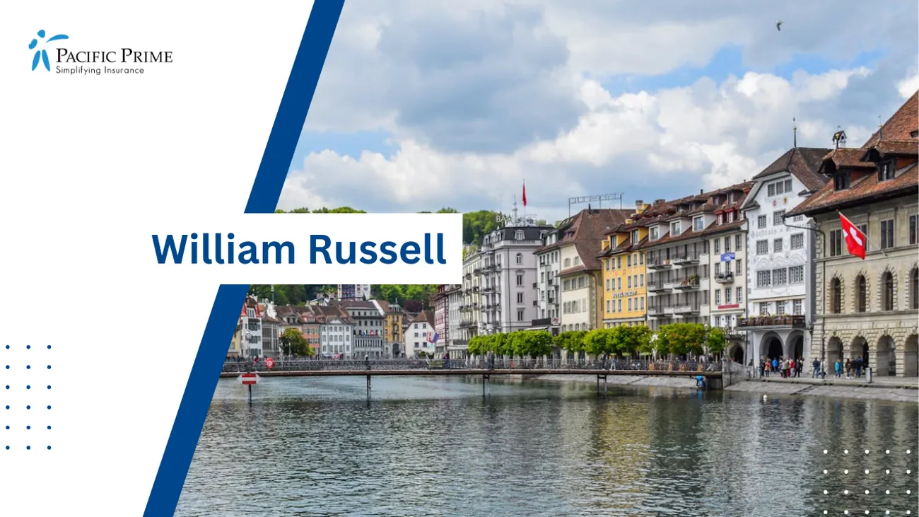Image of Calm River Flowing Through Historic Old Town In Lucerne, Switzerland with text overlay of "William Russell"
