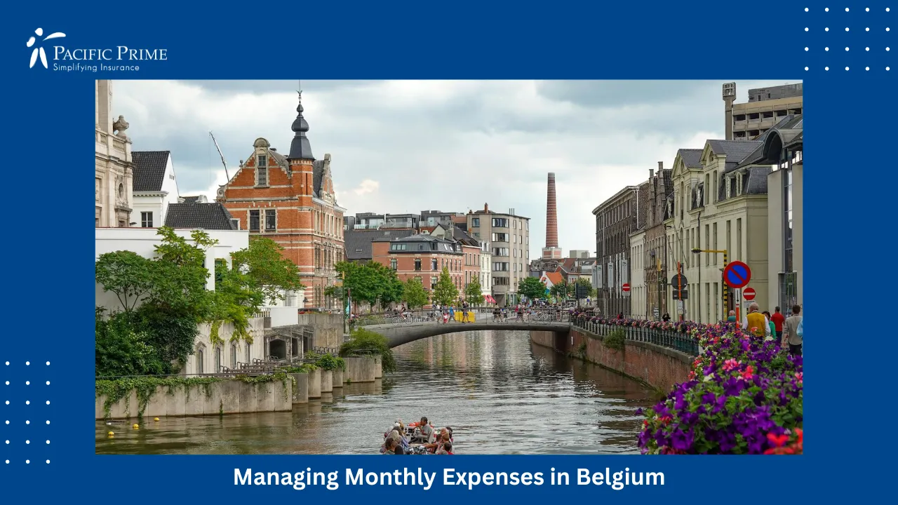 Image of Canal In Ghent With Historic Buildings And Vibrant Riverside Atmosphere with text overlay of "Managing Monthly Expenses in Belgium"