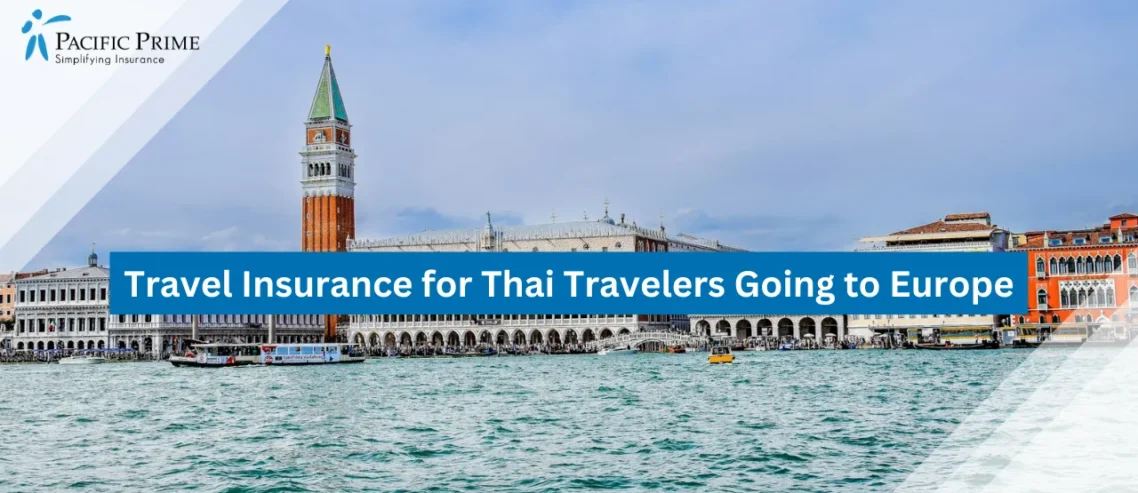 Image of Canalside Buildings In Venice, Italy with text overlay of "Travel Insurance for Thai Travelers Going to Europe"