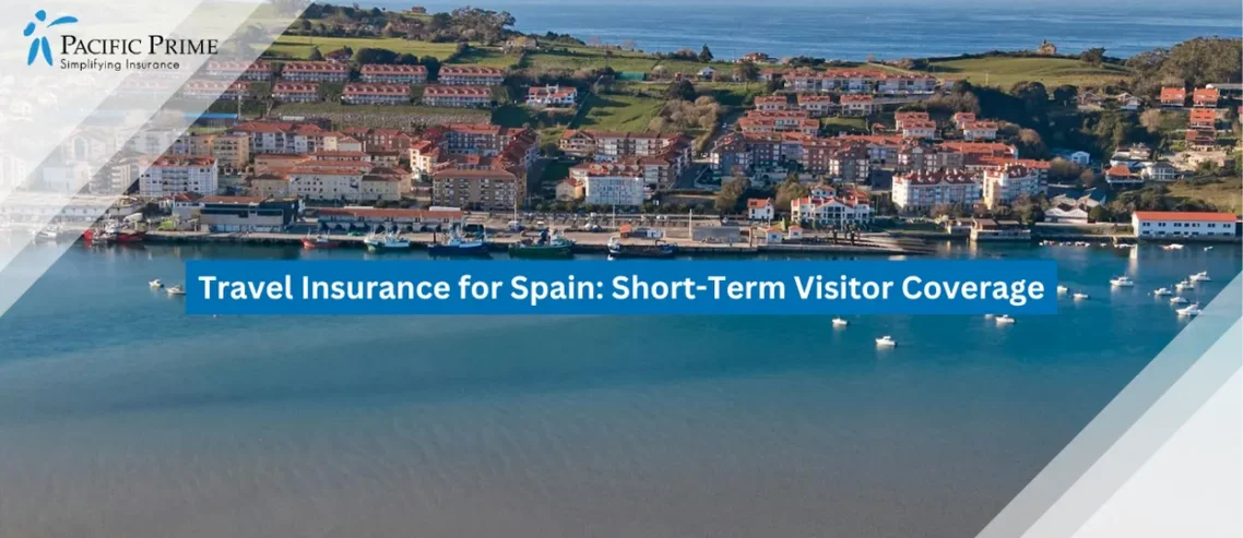 Image of Cantabria Seaside Town Captured From Above Along Rugged Northern Spanish Coastline with text overlay of "Travel Insurance for Spain: Short-Term Visitor Coverage"