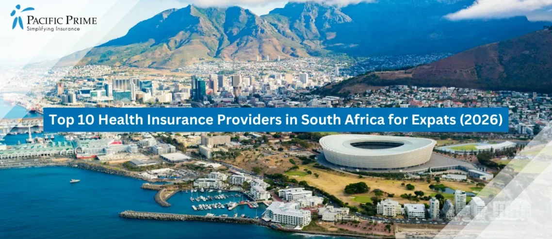 Image of Cape Town Coastline With Mountain Backdrop And Nearby City Buildings with text overlay of "Top 10 Health Insurance Providers in South Africa for Expats (2026)"