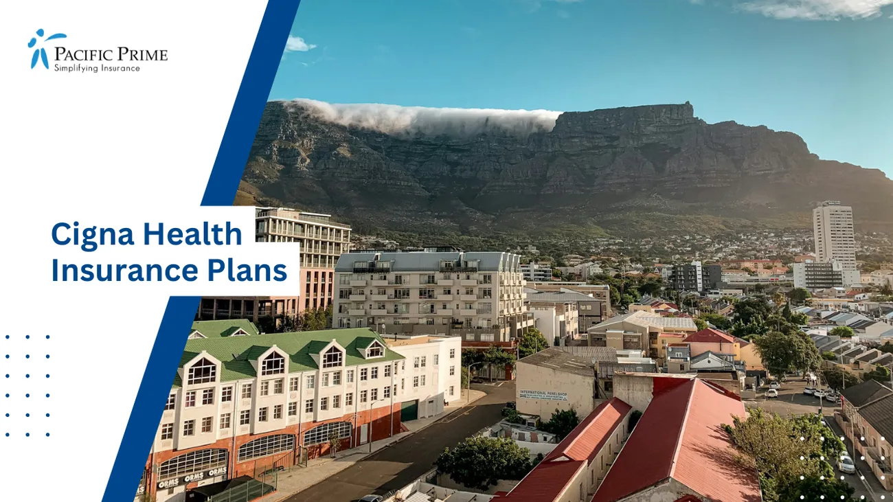 Image of Cape Town's Table Mountain With "Tablecloth" Clouds On A Summer Sunset with text overlay of "Cigna Health Insurance Plans"