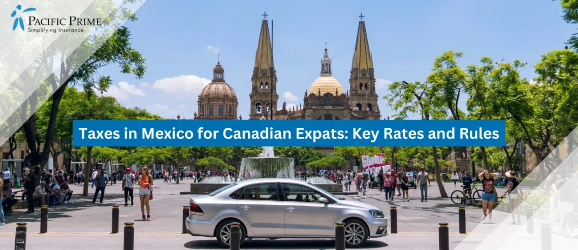 Image of Car Parked Before Historic Building With Towers In Guadalajara, Mexico with text overlay of "Taxes in Mexico for Canadian Expats: Key Rates and Rules"
