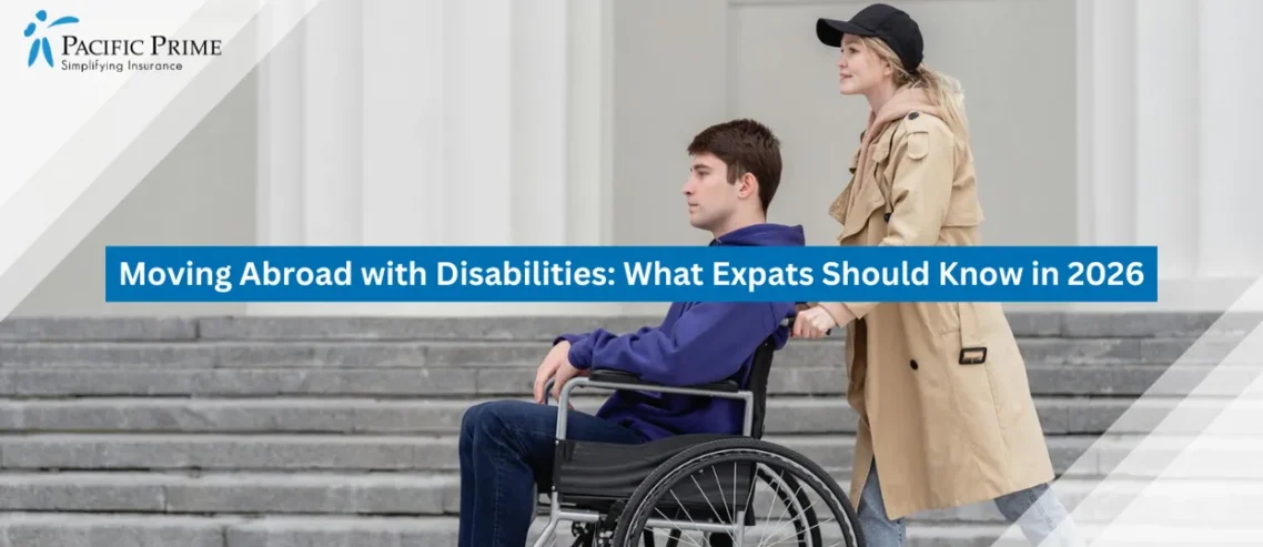Image of Caregiver Assisting A Man In A Wheelchair Along A Walkway with text overlay of "Moving Abroad with Disabilities: What Expats Should Know in 2026"