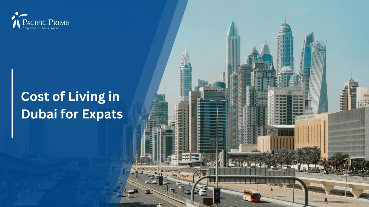 Image of Cars Driving Along Road With Dubai City Buildings with text overlay of "Cost of Living in Dubai for Expats"