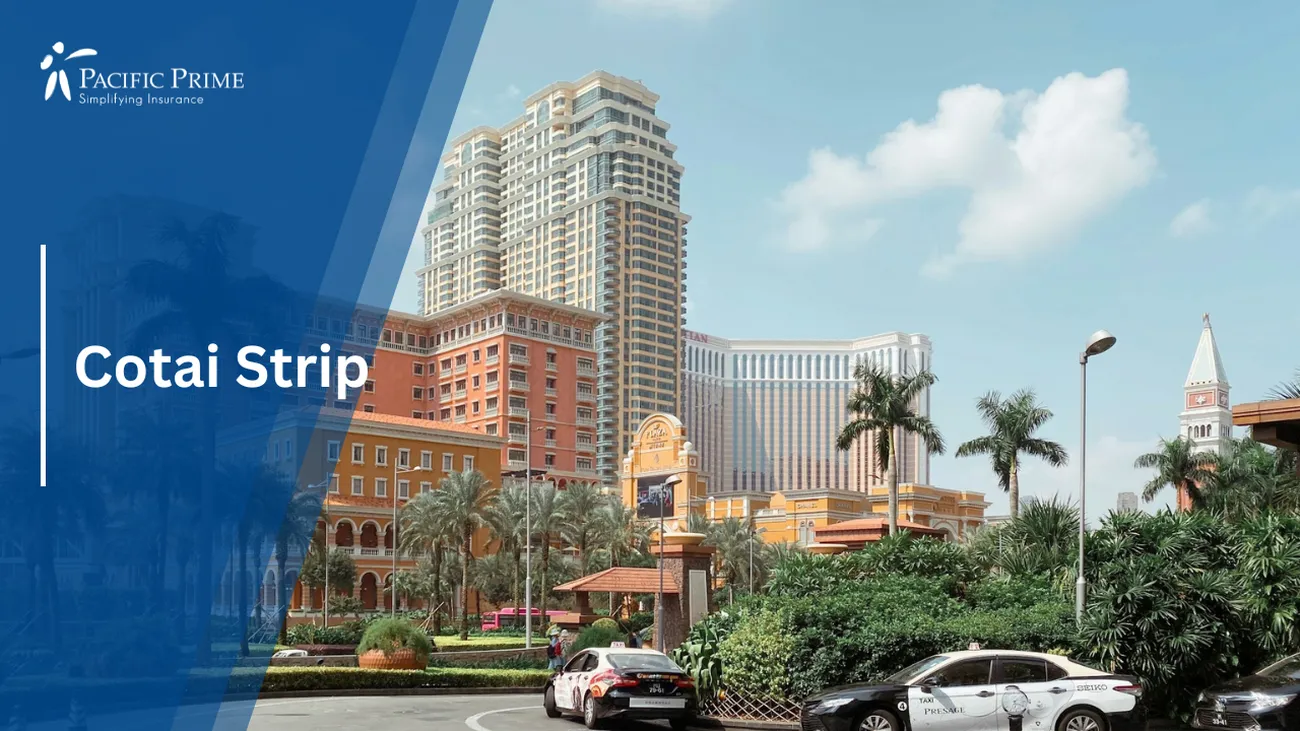 Image of Cars Parked By A Brown Concrete Building In Cotai Strip, Macau with text overlay of "Cotai Strip"