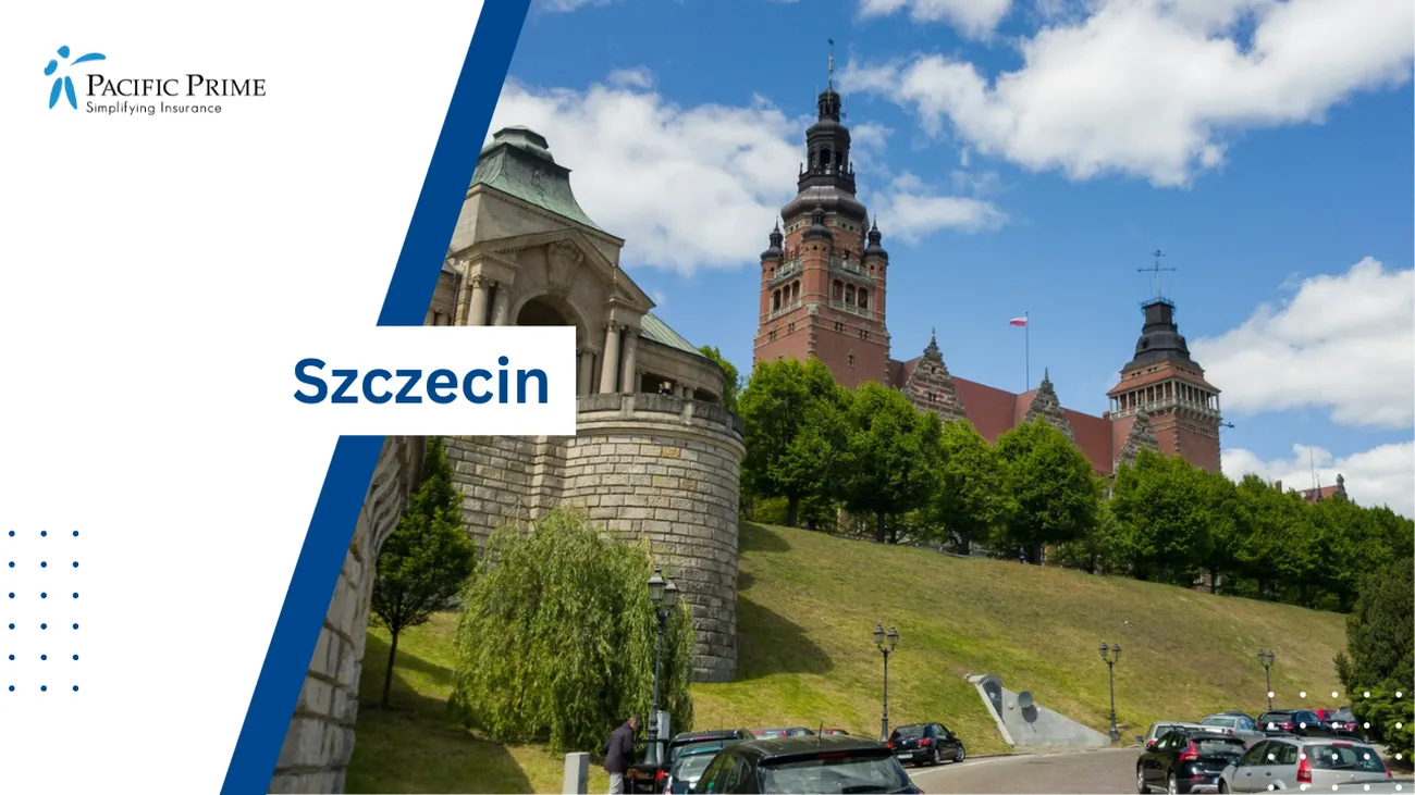Image of Cars Parked Near Buildings In Szczecin, Poland with text overlay of "Szczecin"