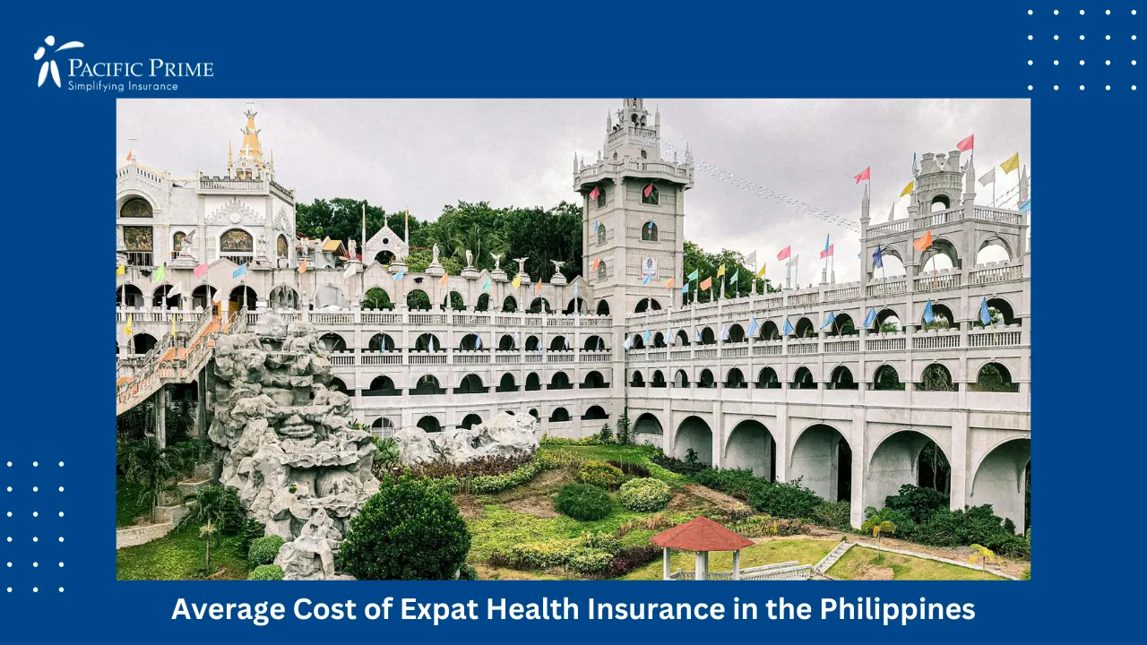 Image of Castle-like Church In Sibonga Under A Cloudy Sky with text overlay of "Average Cost of Expat Health Insurance in the Philippines"