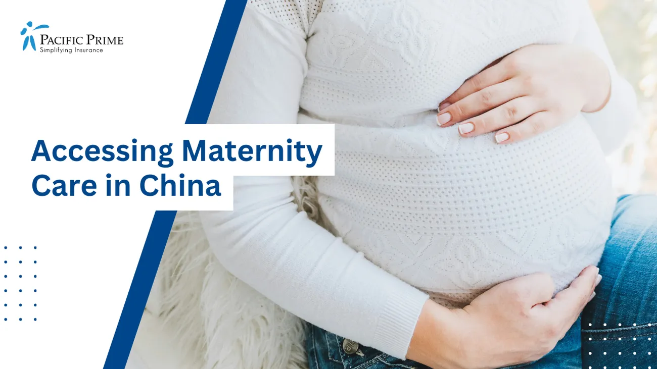 Image of a Caucasian Pregnant Woman Holding Her Belly With High-rises with text overlay of "Accessing Maternity Care in China"