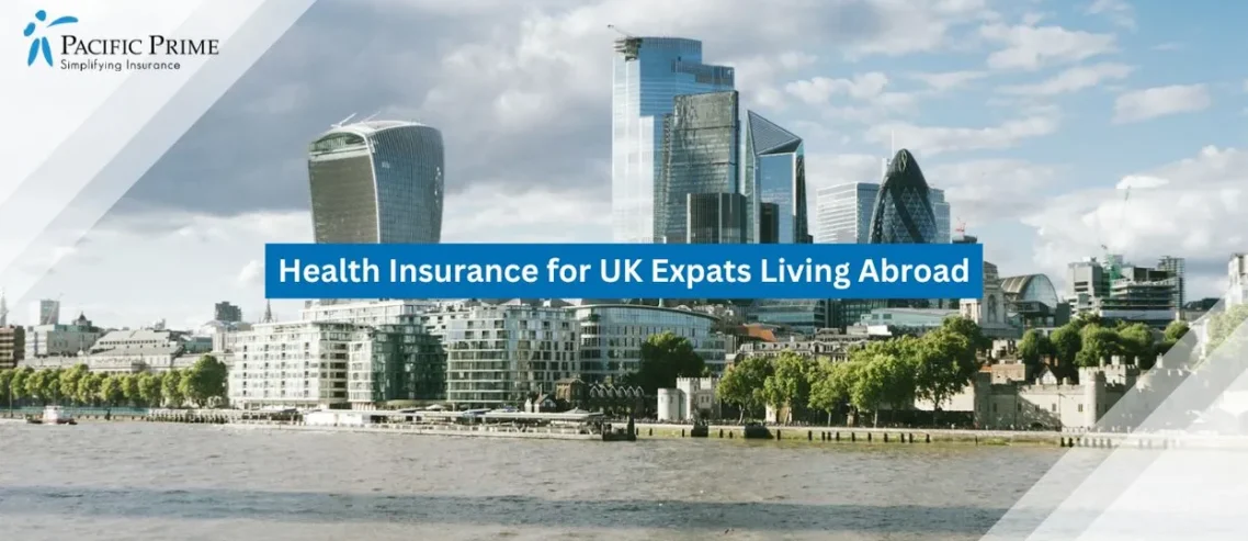 Image of Central London Skyline With Bright Clouds Above Modern City Buildings with text overlay of "Health Insurance for UK Expats Living Abroad"