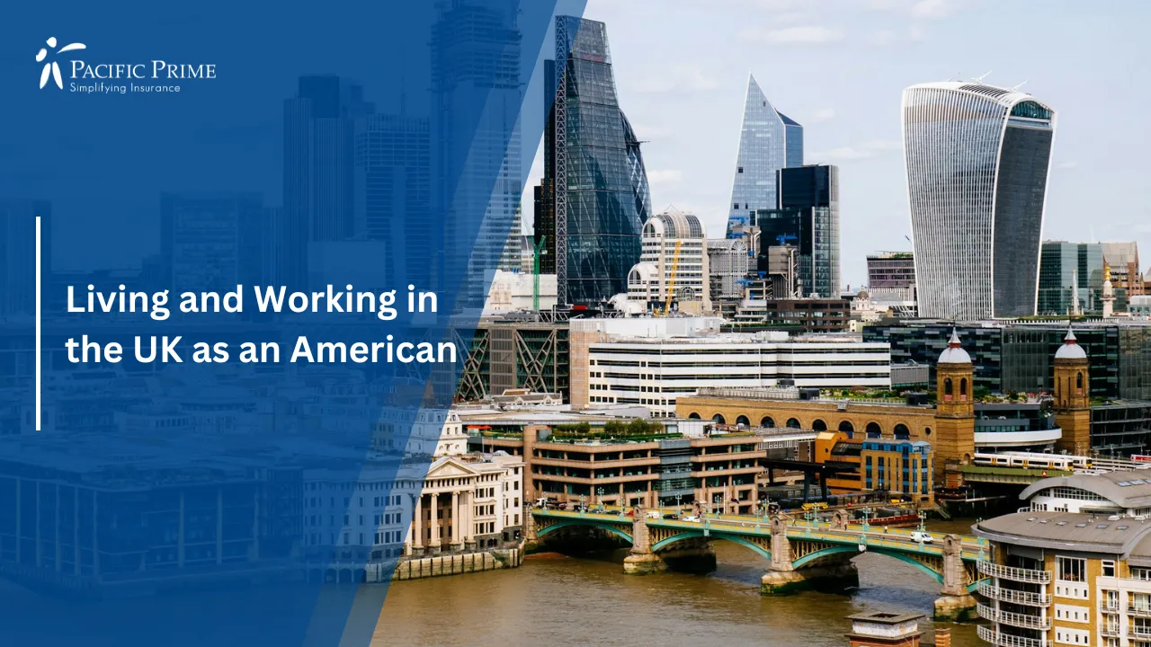 Image of Central London Skyline With Modern Skyscrapers with text overlay of "Living and Working in the UK as an American"