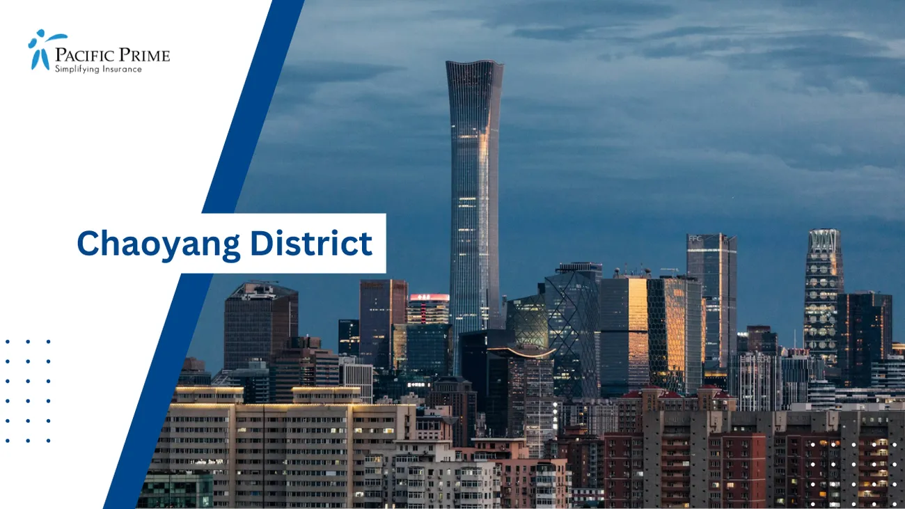 Image of Chaoyang Skyline With Tall Modern Buildings In Beijing, China with text overlay of "Chaoyang District"