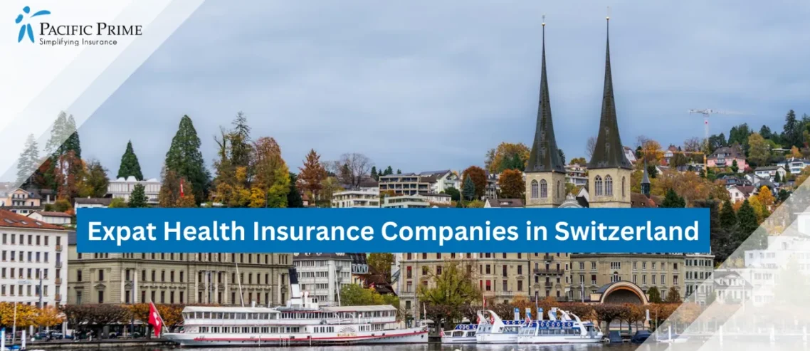 Image of Chapel Bridge And Waterway In Scenic View Of Lucerne, Switzerland with text overlay of "Expat Health Insurance Companies in Switzerland"