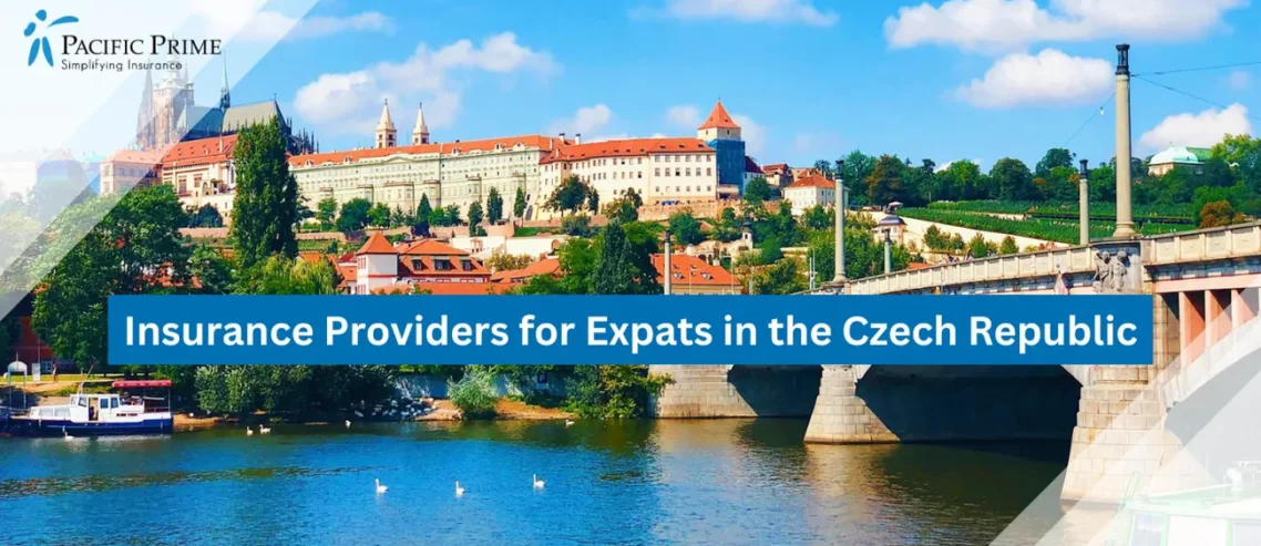 Image of Charles Bridge Over The Vltava River With Prague Castle In The Background with text overlay of "Insurance Providers for Expats in the Czech Republic"