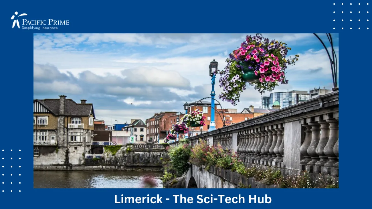 Image of Charming Limerick Cityscape With Blooming Balconies Along The Shannon River with text overlay of "Limerick - The Sci-Tech Hub"