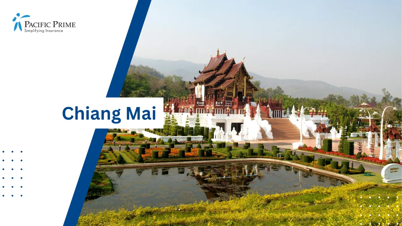 Image of Chiang Mai Pagoda Temple Set In Scenic Thailand with text overlay of "Chiang Mai"