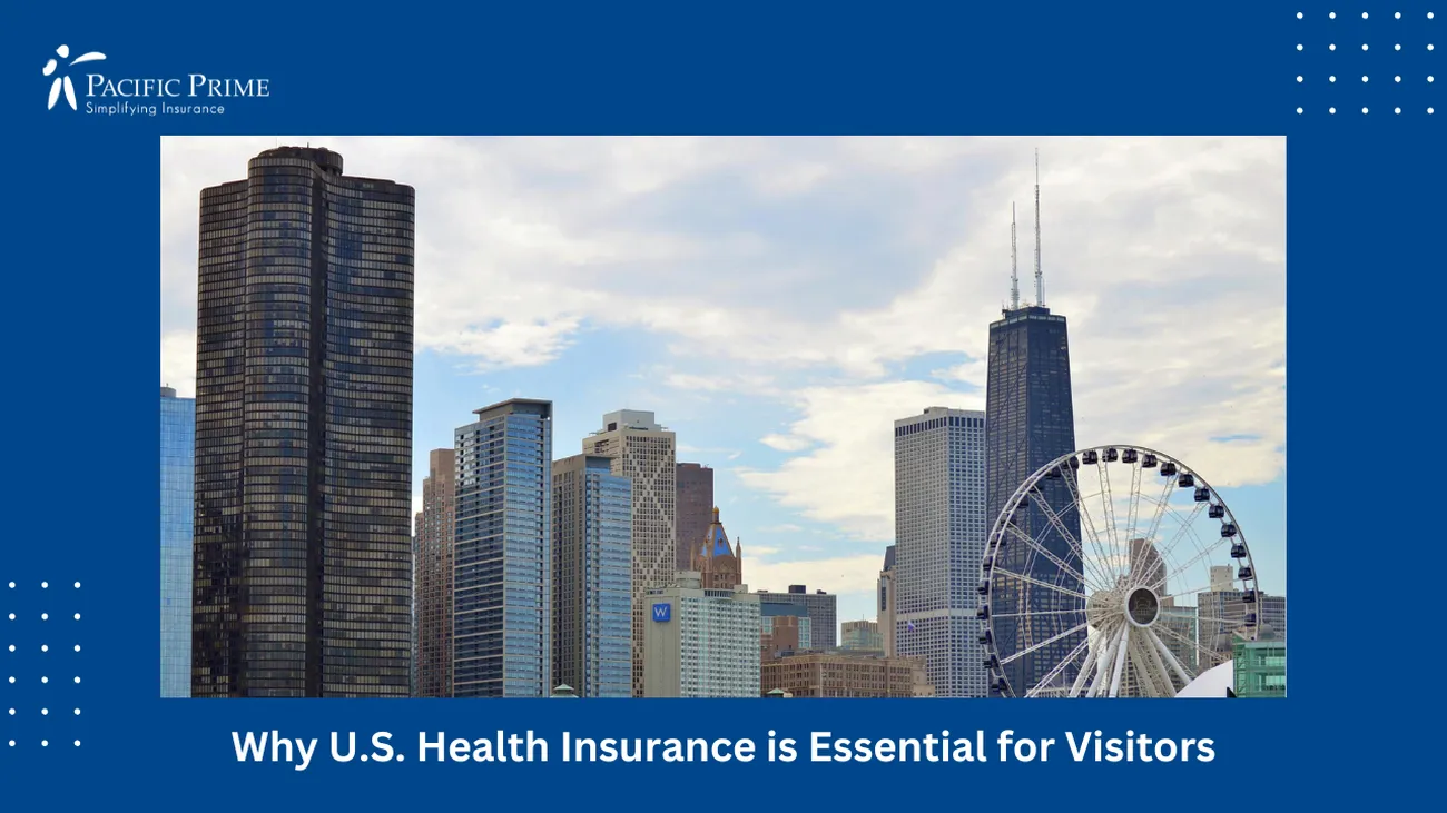 Image of Chicago City Skyline With Iconic Buildings And Urban Landscape with text overlay of "Why U.S. Health Insurance is Essential for Visitors"