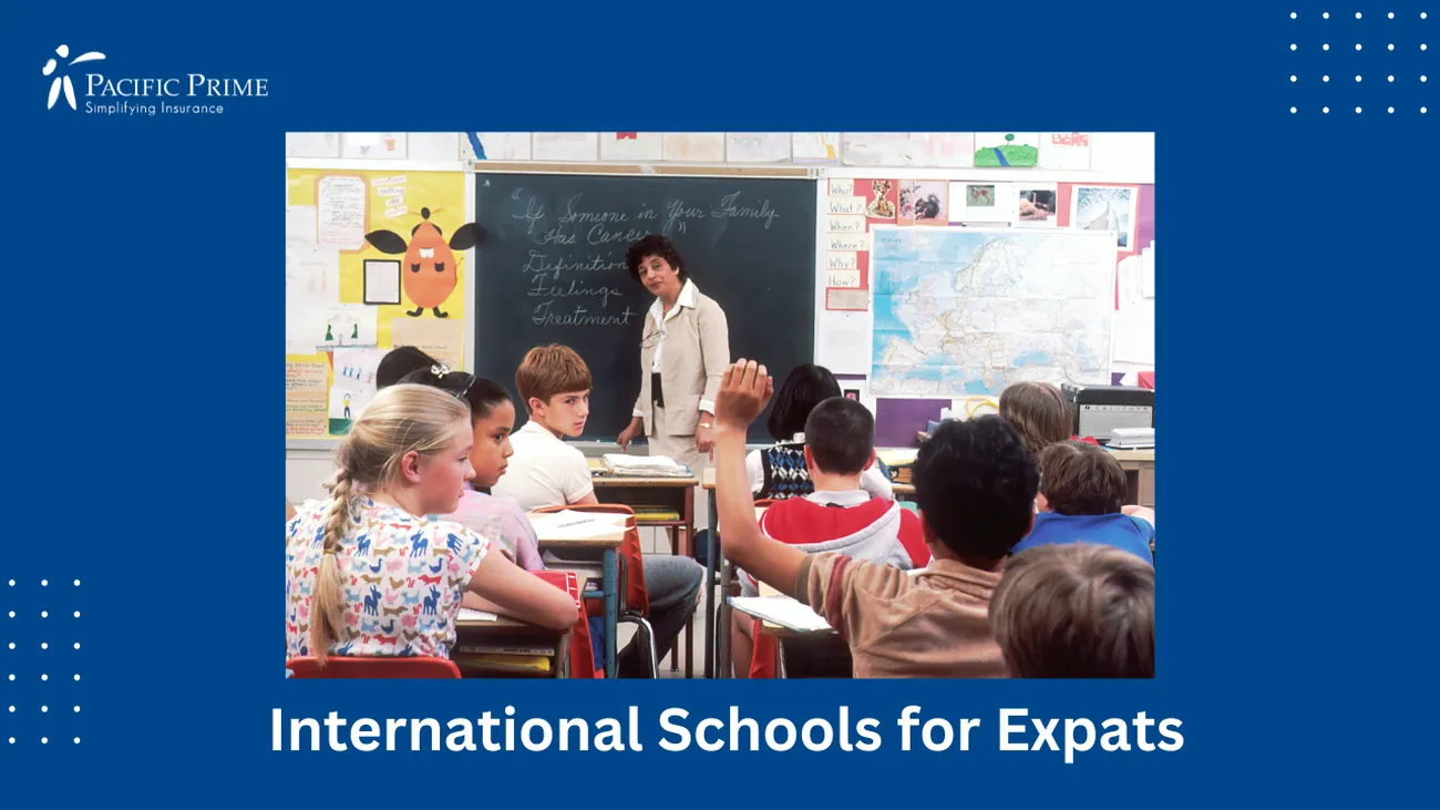 Image of Children And Teacher In Classroom Discussing, Shanghai with text overlay of "International Schools for Expats"