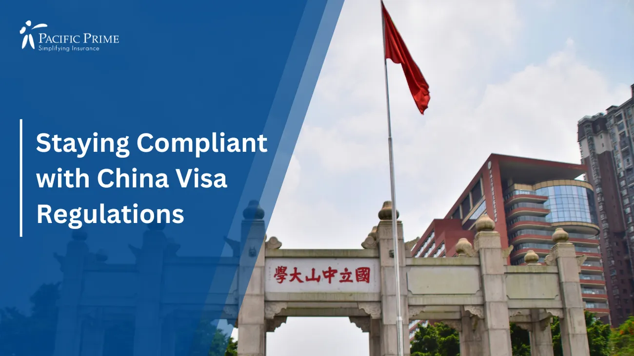 Image of Chinese Flag Atop A White Building In Guangzhou, Guangdong Province with text overlay of "Staying Compliant with China Visa Regulations"