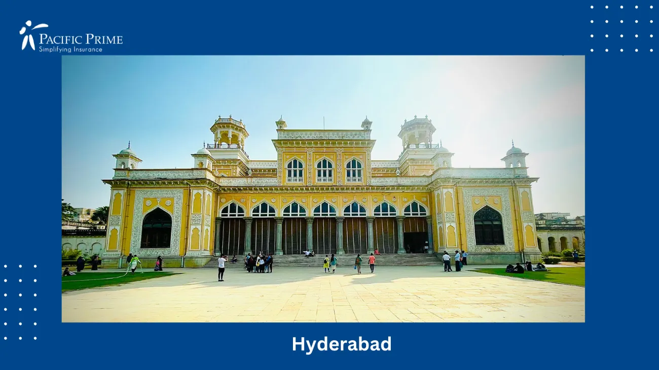 Image of Chowmahalla Palace In Hyderabad With Visitors Outside Its Grand Facade with text overlay of "Hyderabad"