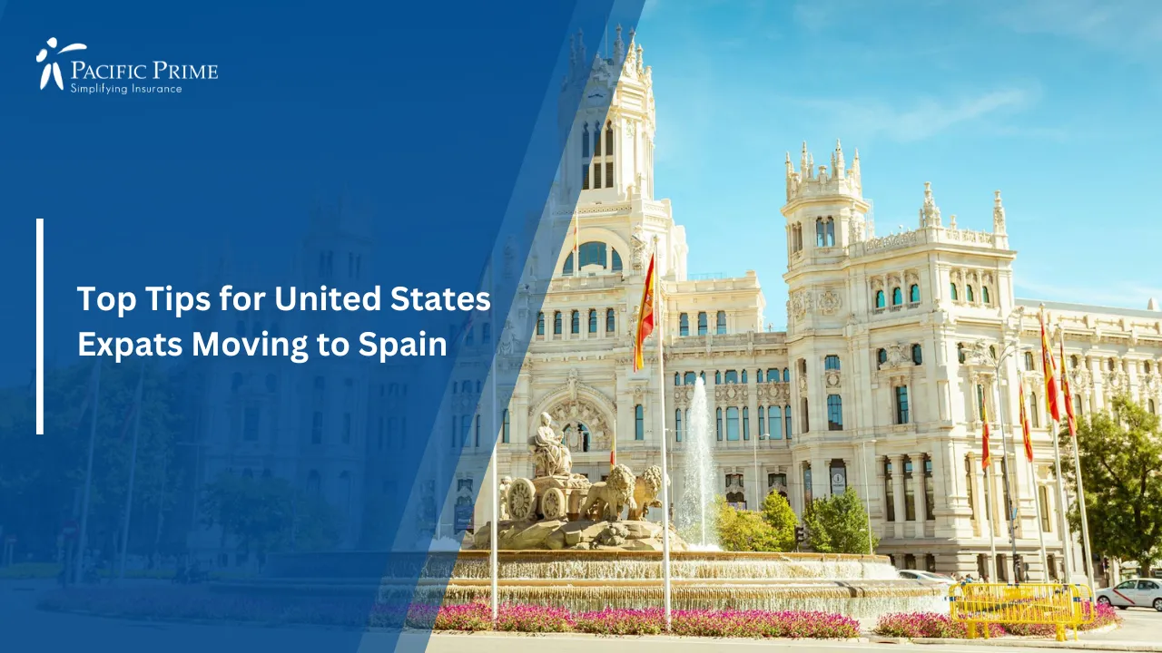 Image of Cibeles Fountain And Palace In Madrid Under Clear Blue Skies with text overlay of "Health Insurance Requirements for Long-Term Visas in Spain"