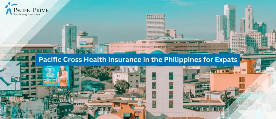 Image of City Buildings Along Recto Avenue In Quiapo, Manila Under A Clear Blue Sky with text overlay of "Pacific Cross Health Insurance in the Philippines for Expats"