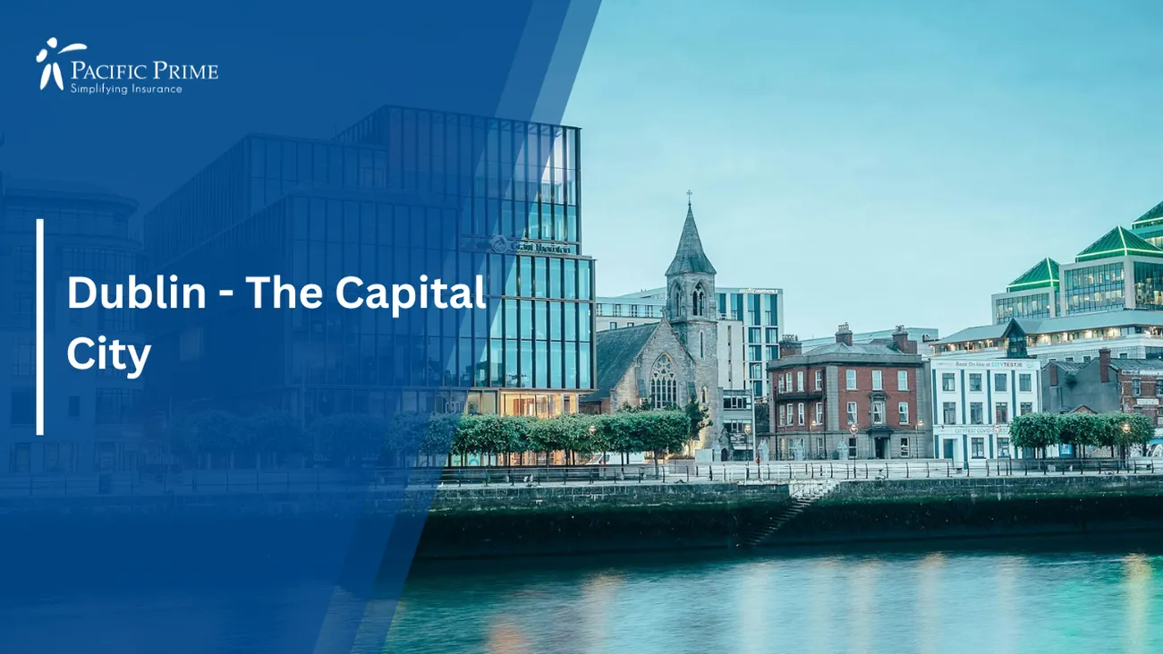 Image of City Buildings Along The River Liffey In Dublin, Ireland with text overlay of "Dublin - The Capital City"