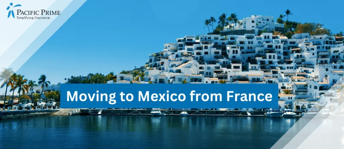 Image of City Buildings By The Water In Las Hadas, Manzanillo, Colima, During Daytime with text overlay of "Moving to Mexico from France"