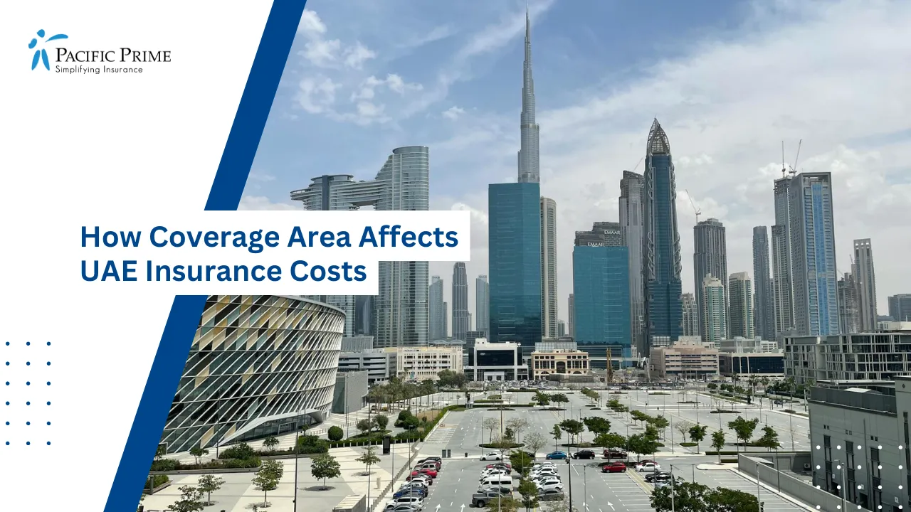 Image of City Parking Lot With Surrounding High-rise Buildings In Dubai with text overlay of "How Coverage Area Affects UAE Insurance Costs"
