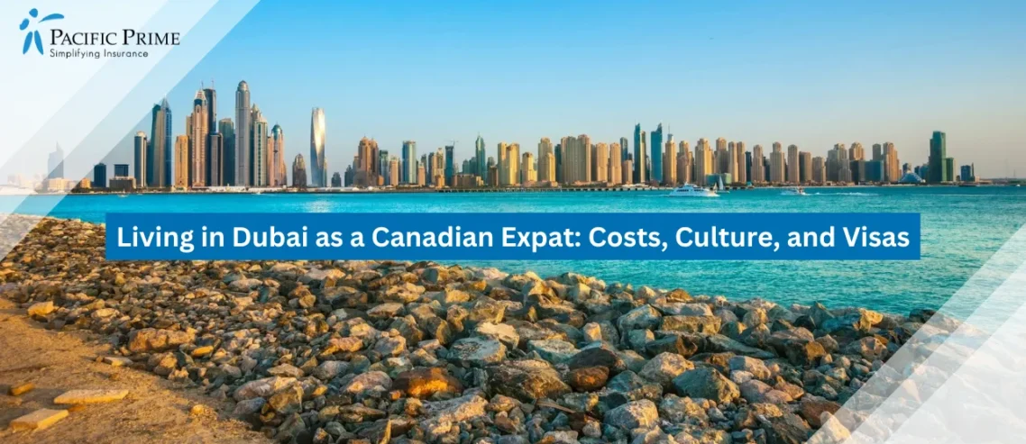 Image of City Skyline Across A Waterfront In Dubai, UAE with text overlay of "Living in Dubai as a Canadian Expat: Costs, Culture, and Visas"
