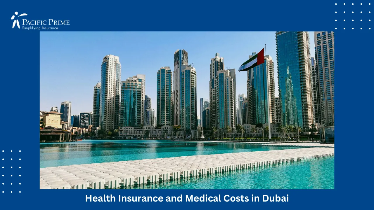 Image of City Skyline Of Downtown Dubai Behind A Large Body Of Water with text overlay of "Health Insurance and Medical Costs in Dubai"